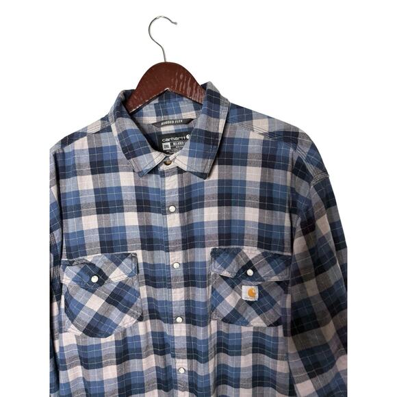Carhartt Shirt 2XL blue Plaid Pearl Snap Rugged Flex Relaxed Long Sleeve Work - Picture 2 of 4